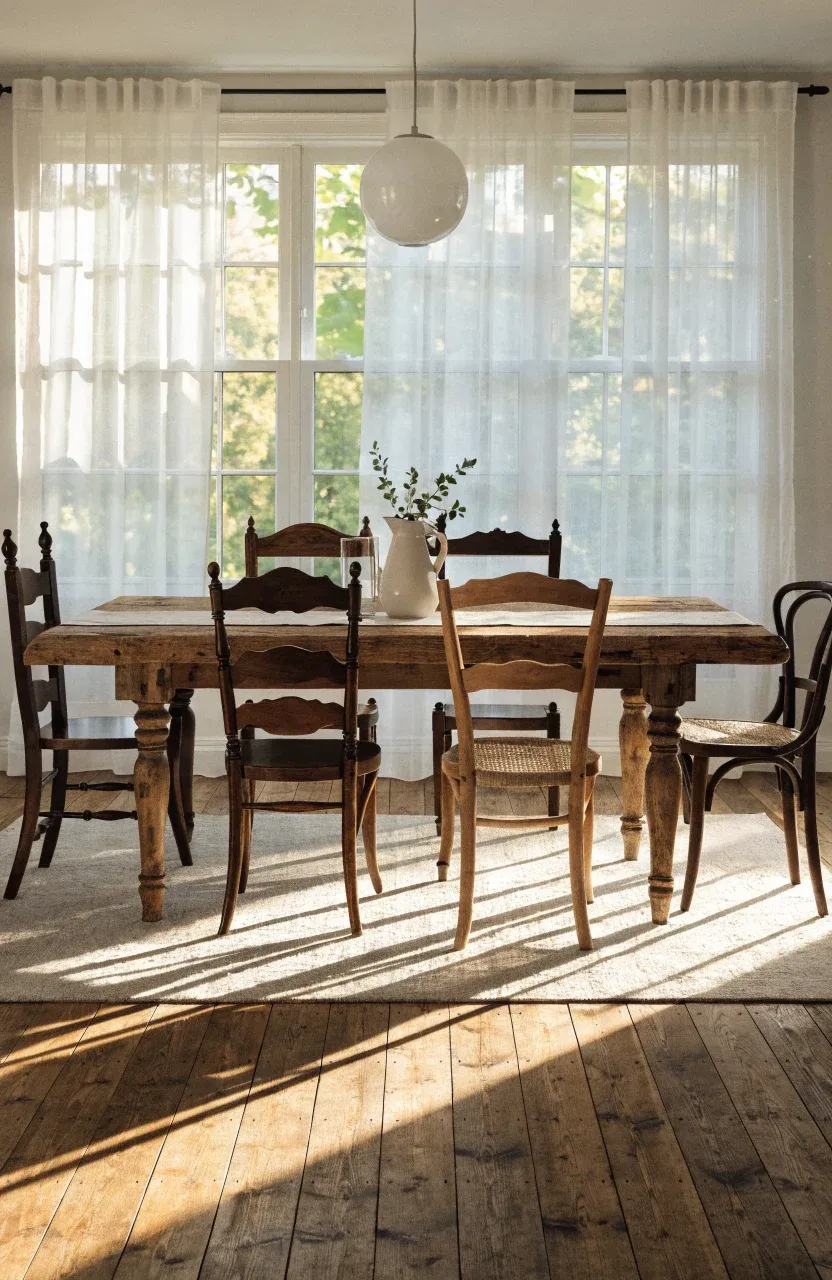 A rustic dining table surrounded by a variety of different antique wooden chairs.