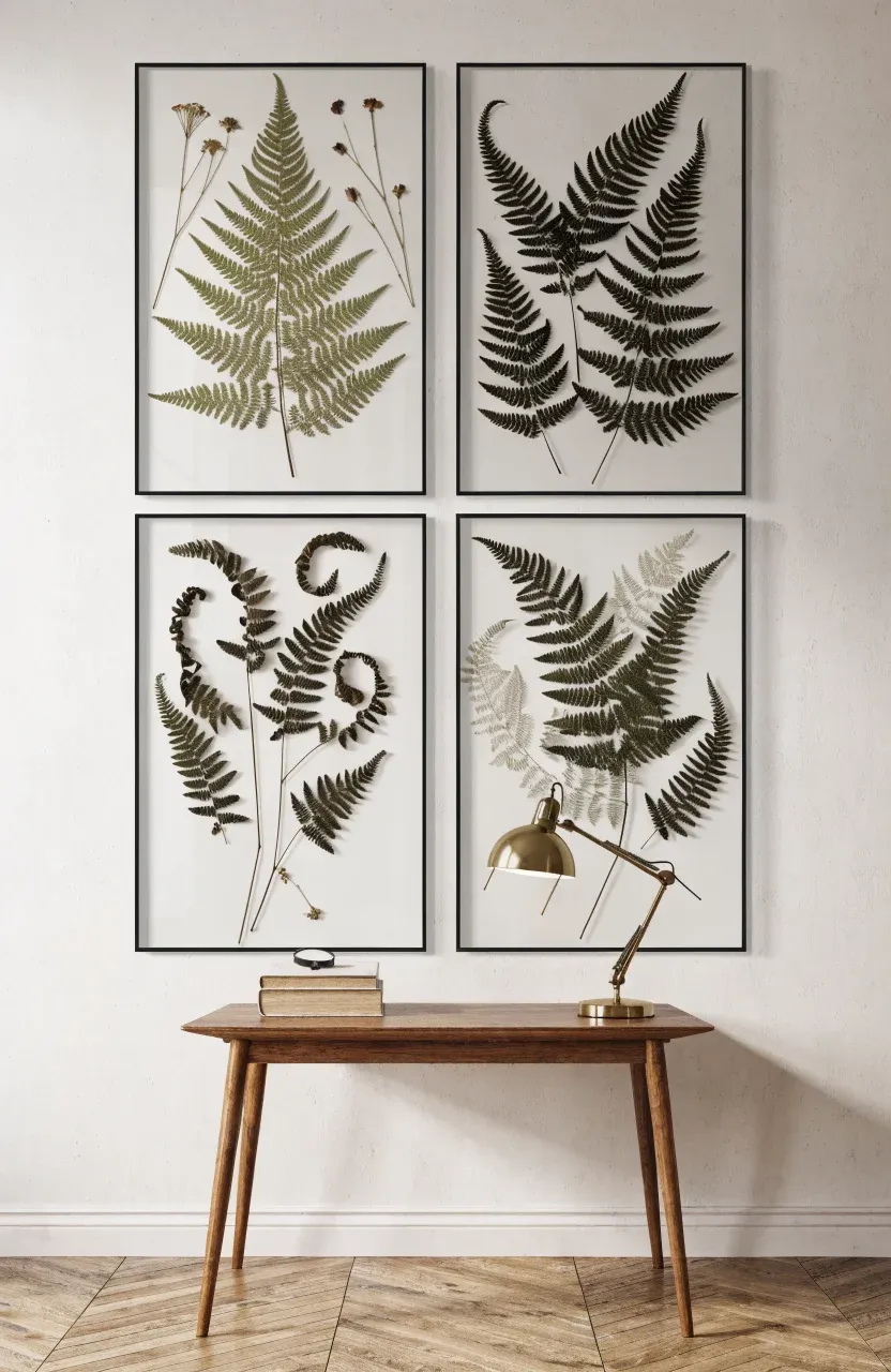 A set of four floating glass frames with pressed botanical leaves hanging over a wooden desk.