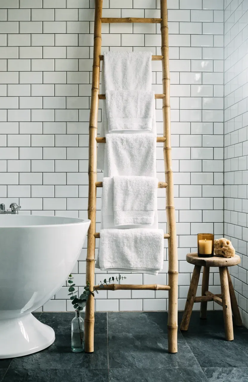 A bamboo ladder leaning against a tiled bathroom wall holding fluffy white towels.