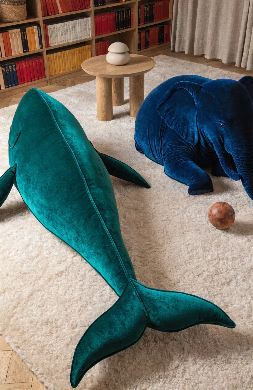 Sophisticated forest green and navy blue velvet floor cushions shaped like animals on a rug.
