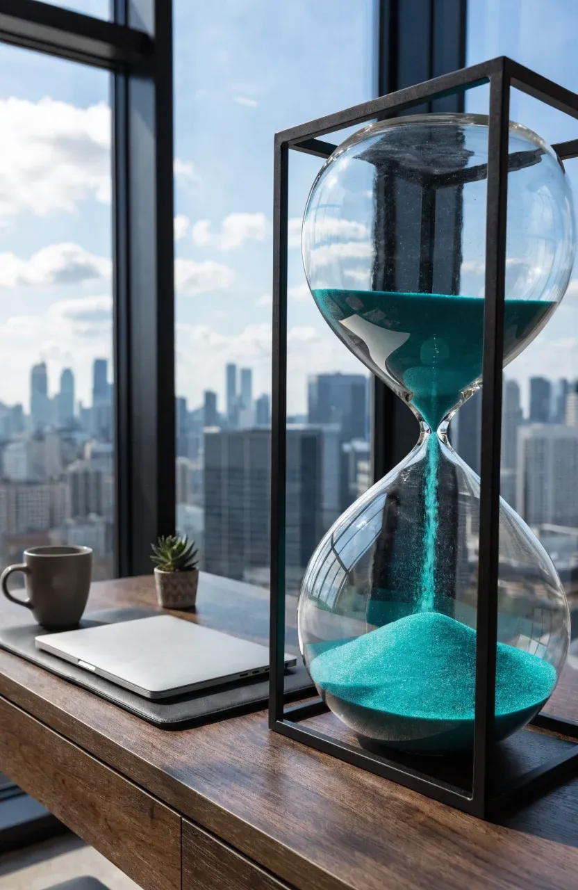 A large modern hourglass with vibrant teal sand sitting on a dark wood desk.