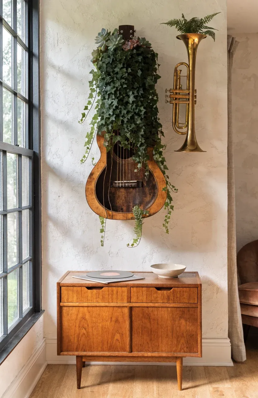 A guitar and a brass horn used as wall planters with green ivy in a modern room.