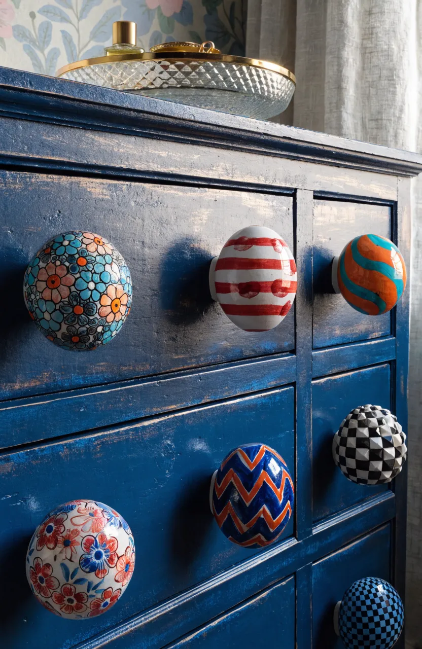 A navy blue dresser with several different colorful hand-painted ceramic knobs.