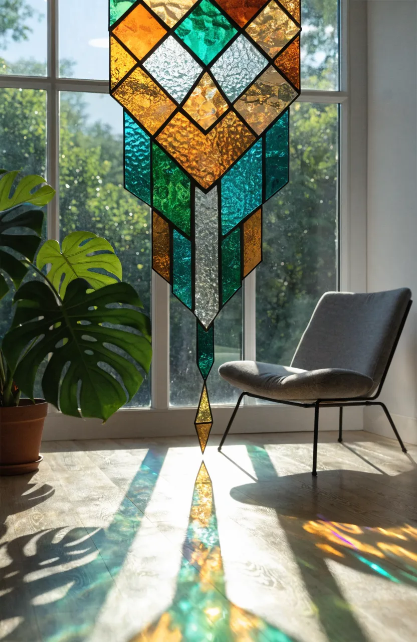 A geometric stained glass piece hanging in a window, casting colorful light on the floor.
