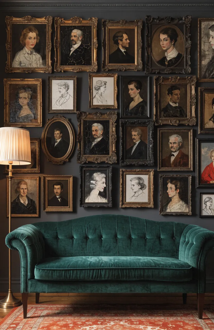 A dark wall covered in many different framed vintage portrait paintings above a green sofa.