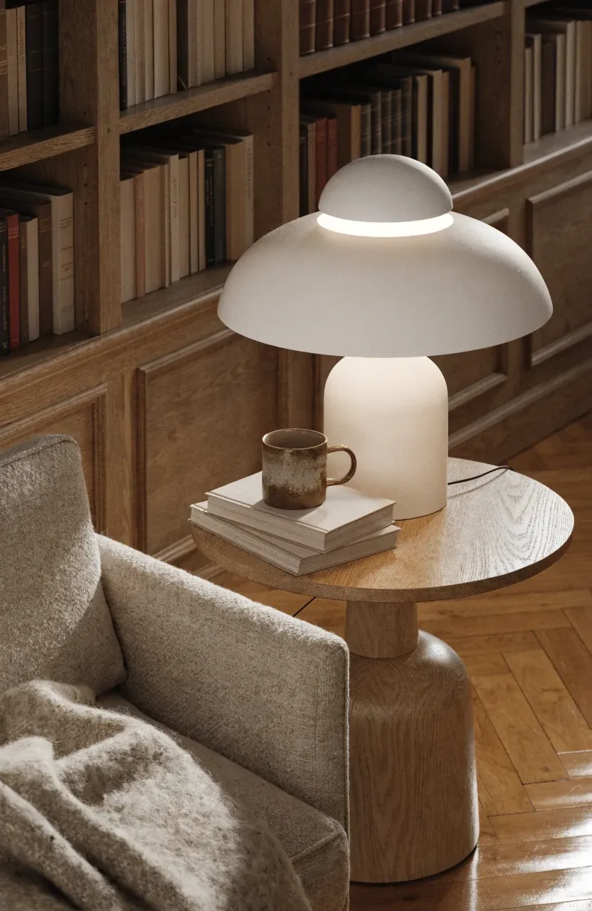 A white mushroom-shaped lamp glowing on a wooden table next to a cozy armchair.