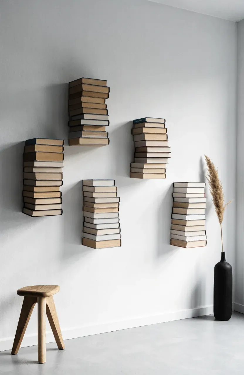 Stacks of books that appear to be floating on a grey wall without any visible shelves.