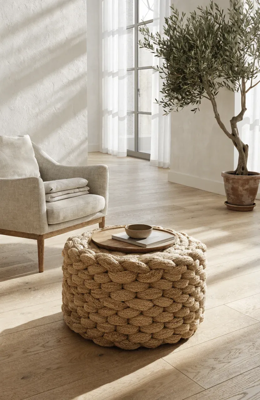A natural braided jute pouf in a bright, modern living room with a linen chair and olive tree.