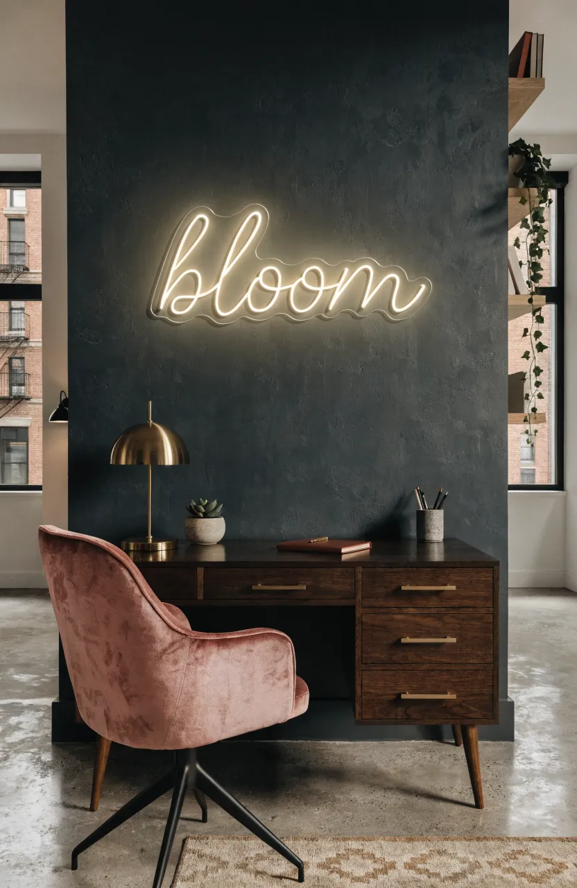 A warm white neon sign glowing above a walnut desk in a moody, modern home office.