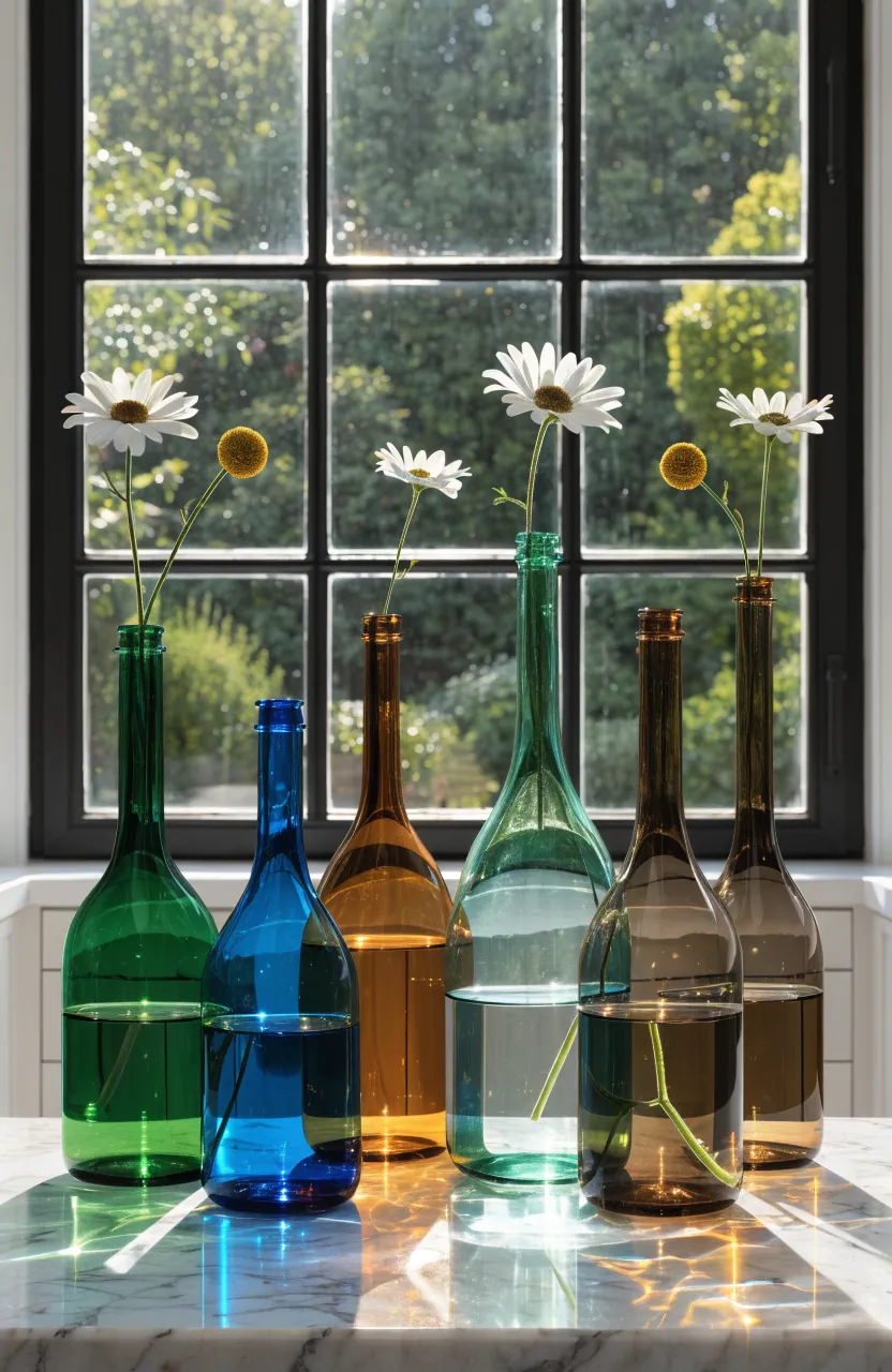 Colorful recycled glass bottles used as vases on a sunny marble windowsill in a bright kitchen.