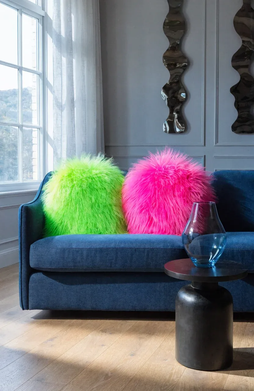 Neon pink and lime shaggy round pillows on a navy blue sofa in a bright modern room.