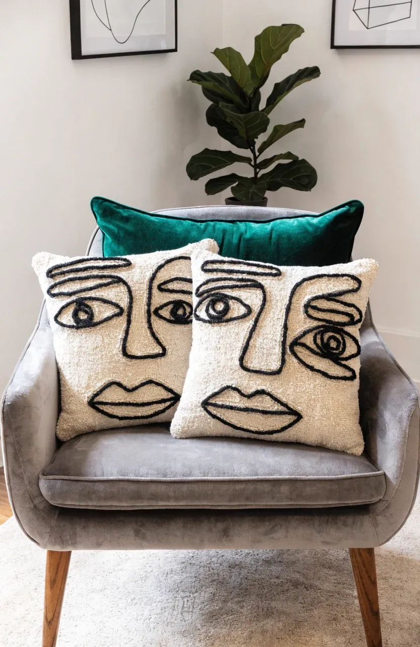 Tufted pillows with abstract face designs resting on a green velvet cushion and grey chair.