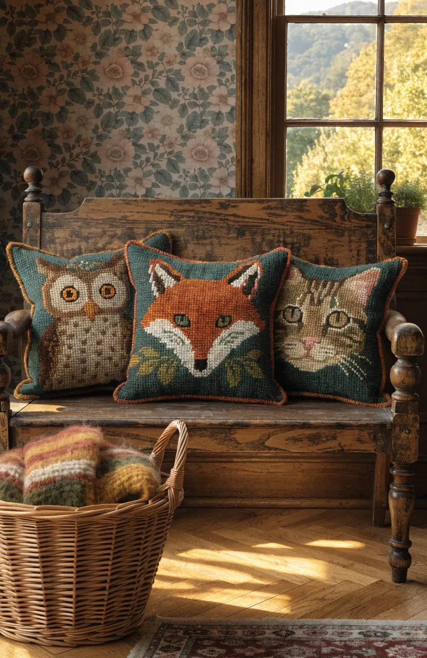 Three needlepoint pillows with fox, owl, and cat designs on a rustic wooden bench.