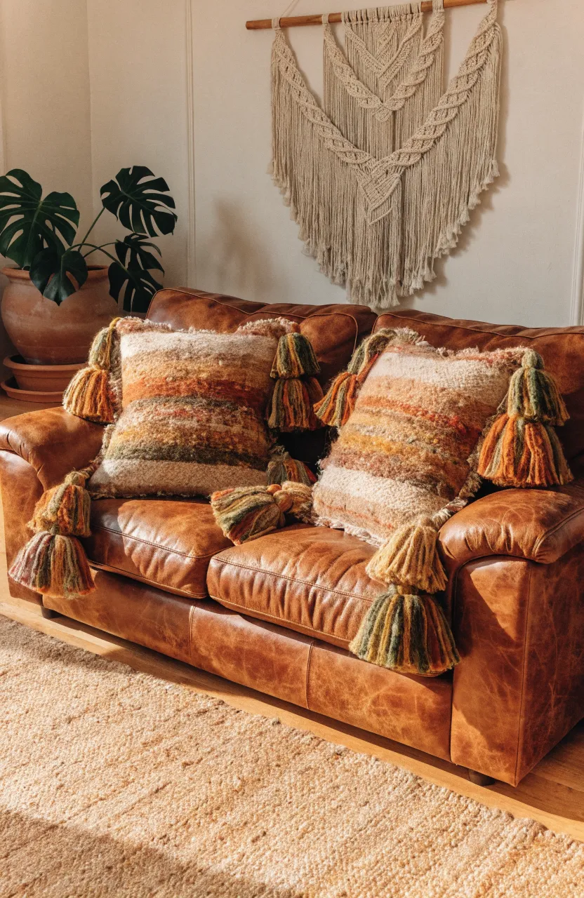 Multi-colored wool pillows with large tassels on a cognac leather sofa in a boho room.