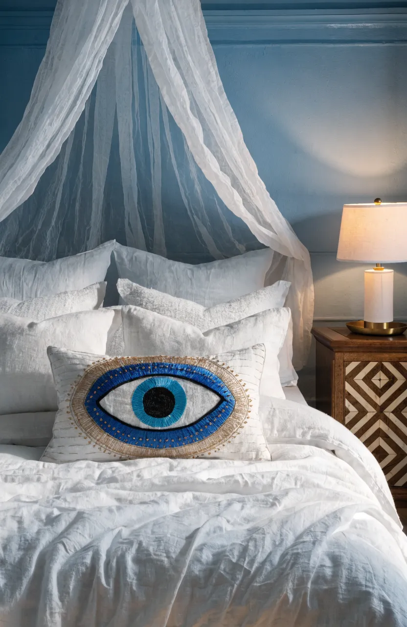 A long lumbar pillow with a blue and gold evil eye design centered on a white linen bed.