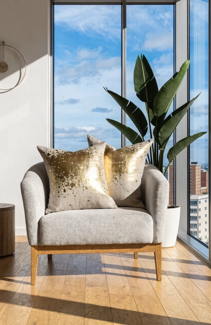 Linen pillows with gold metallic splatter prints on a grey chair in a sunlit room.