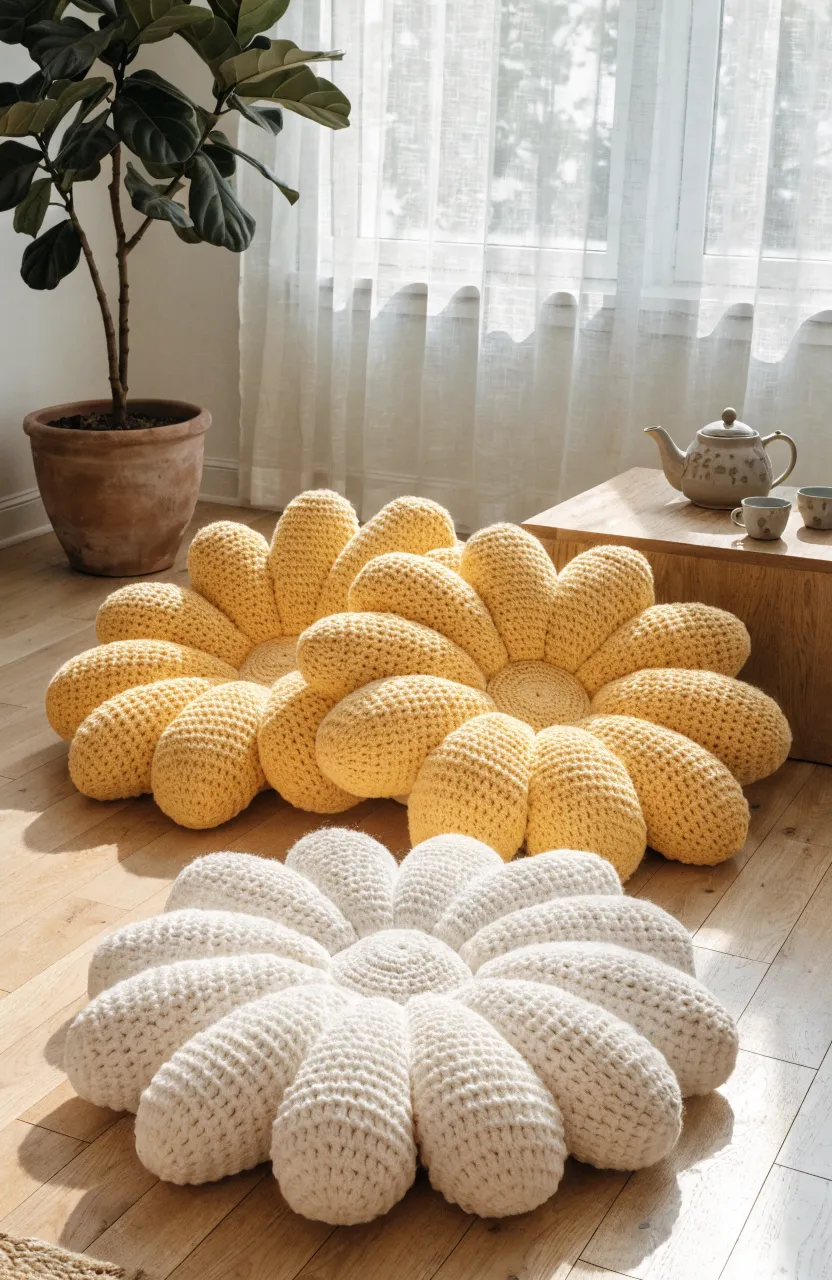 Three large crocheted daisy and sunflower floor cushions arranged in a sunny living room corner.