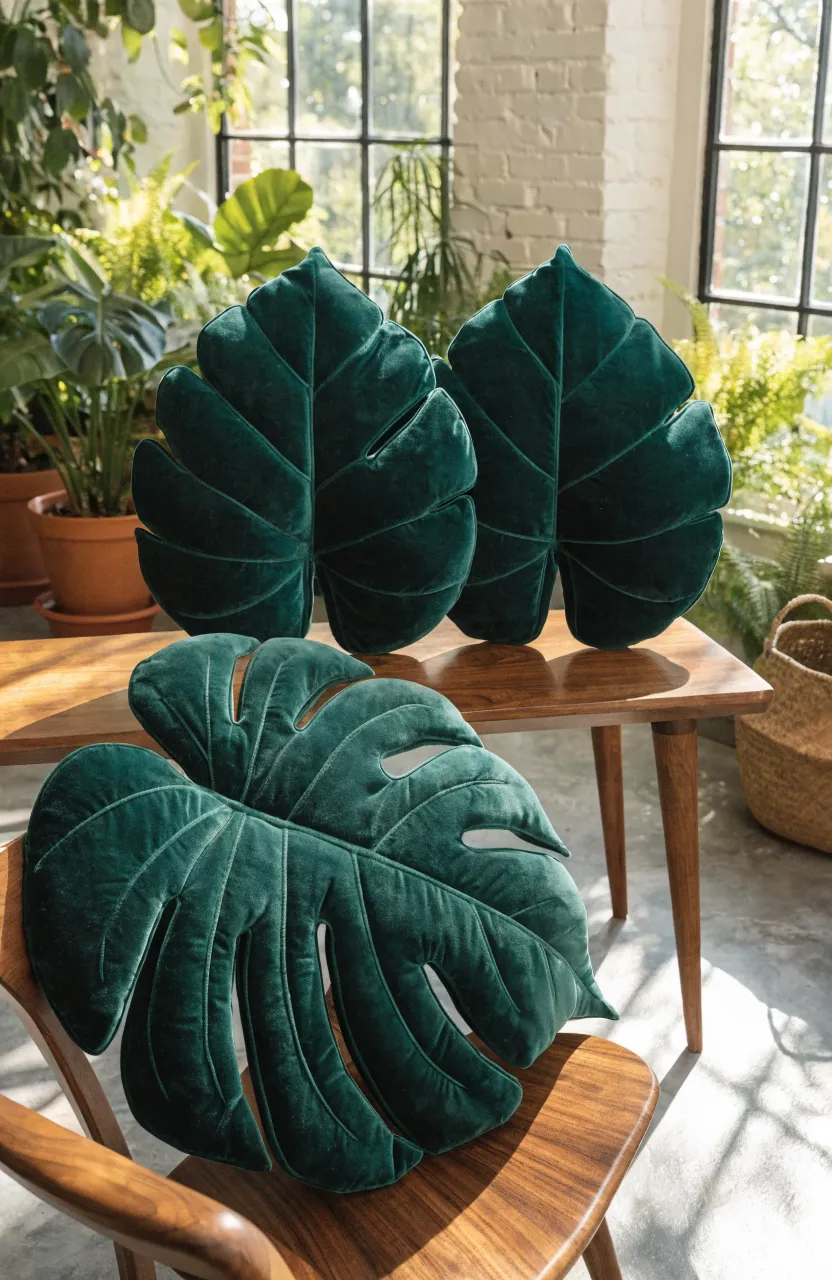 Green velvet pillows shaped like Monstera leaves resting on a walnut wooden bench.