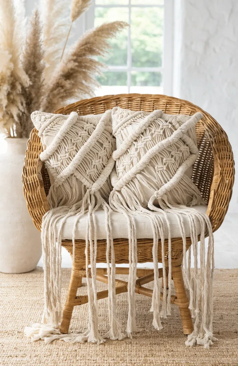 Cream macramé pillows with long fringe resting on a woven wicker armchair.