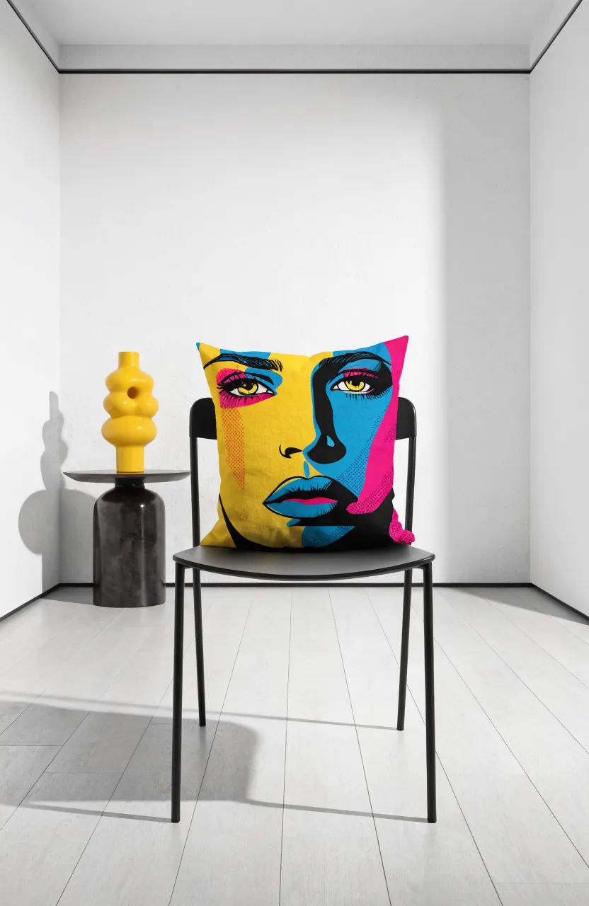 A vibrant pop art portrait pillow on a sleek black chair in a minimalist white room.