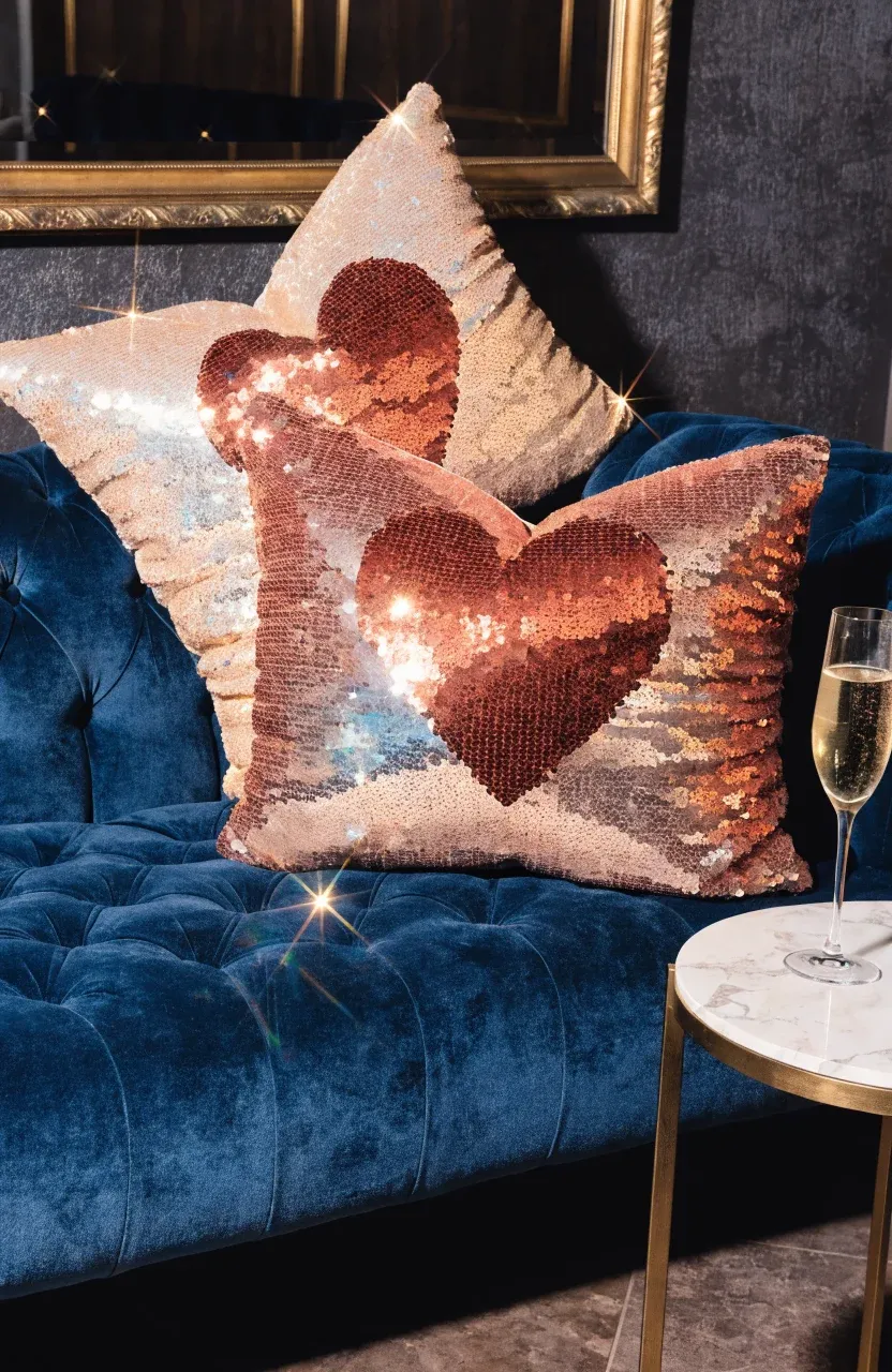 Shimmering champagne and copper sequined pillows on a navy velvet sofa.