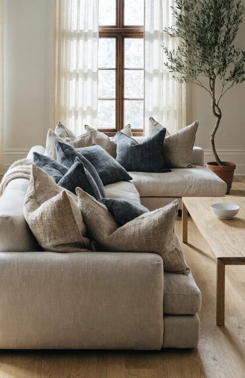 A modern sofa styled with textured oatmeal and grey heavy linen throw pillow covers.