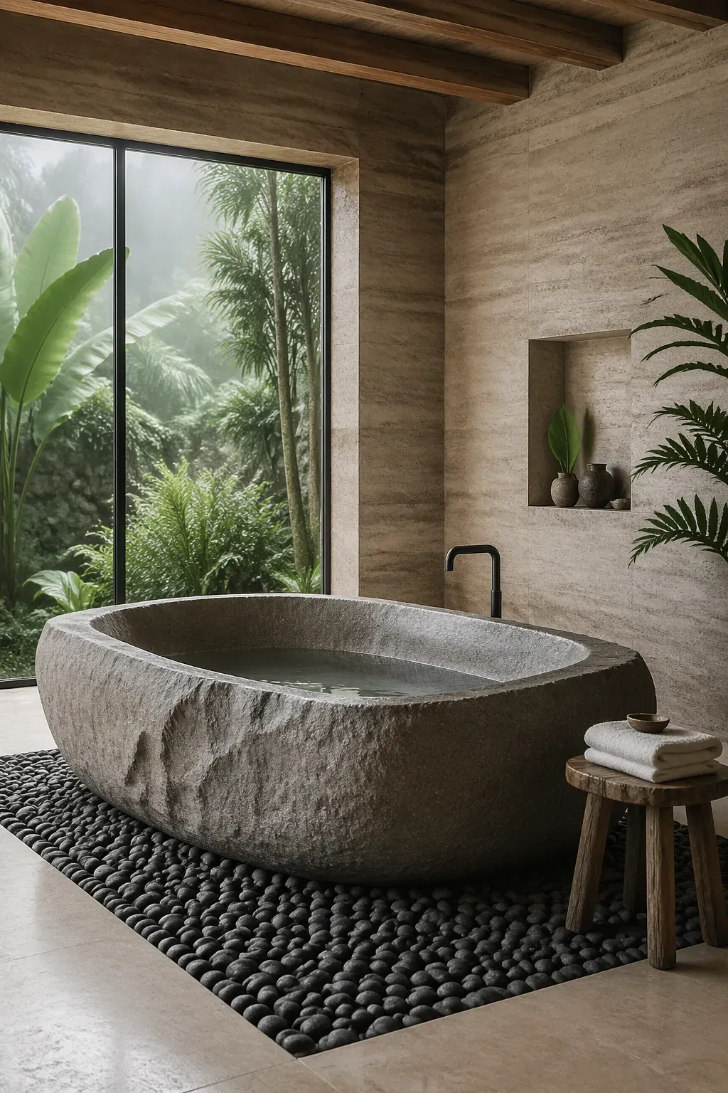 A large raw stone bathtub on a bed of pebbles in a modern earthy bathroom.