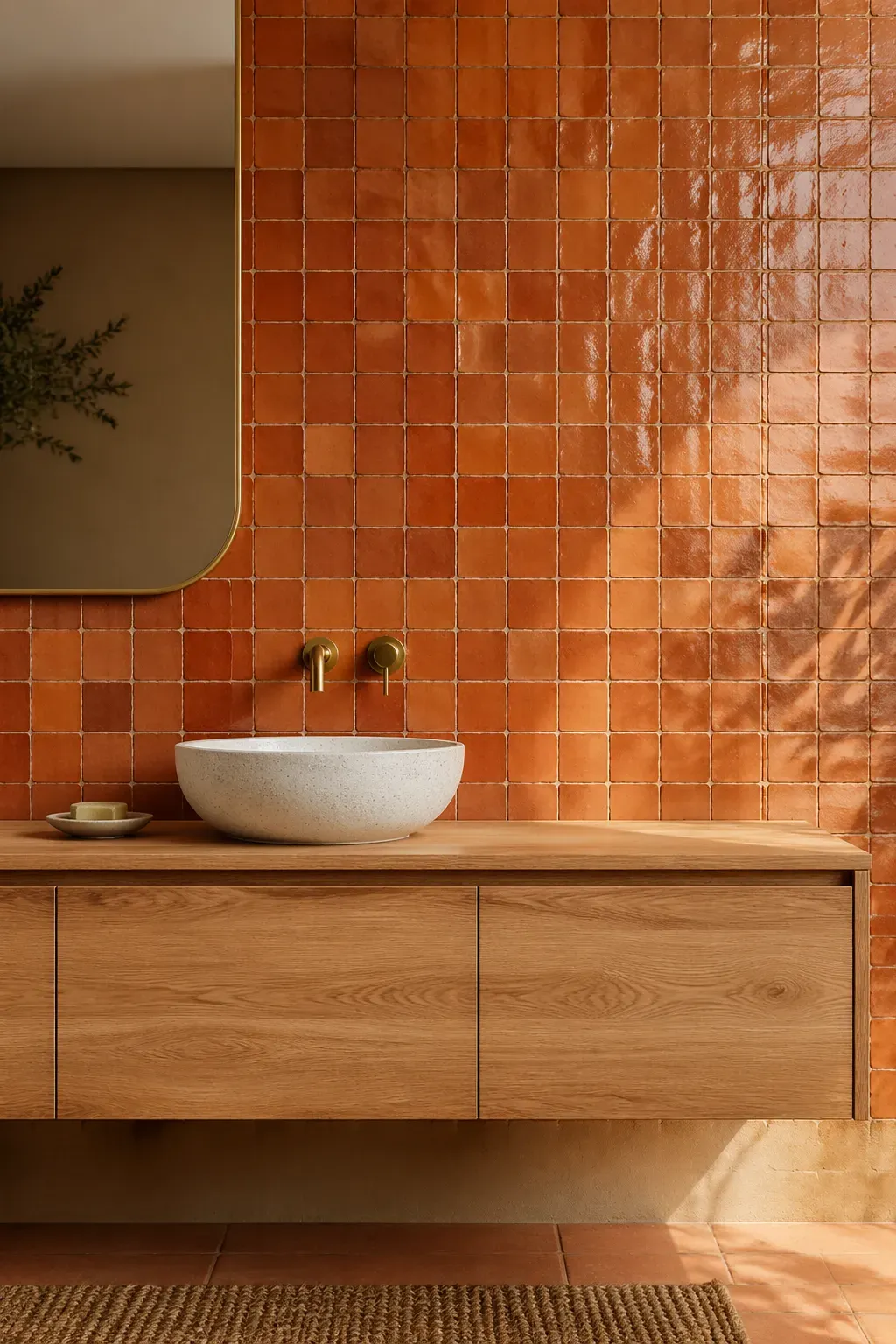 Handmade terracotta Zellige tiles on a bathroom wall with a wood vanity.