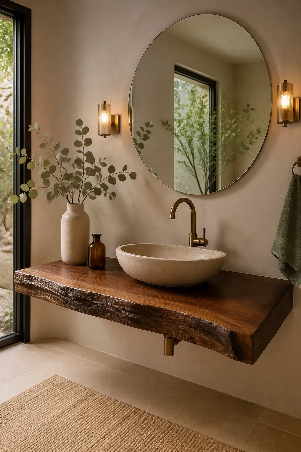 A live edge wood vanity with a stone vessel sink and brass faucet.