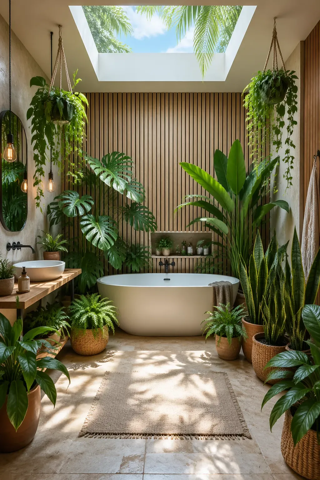 A luxury bathroom filled with lush green tropical plants and a white tub.