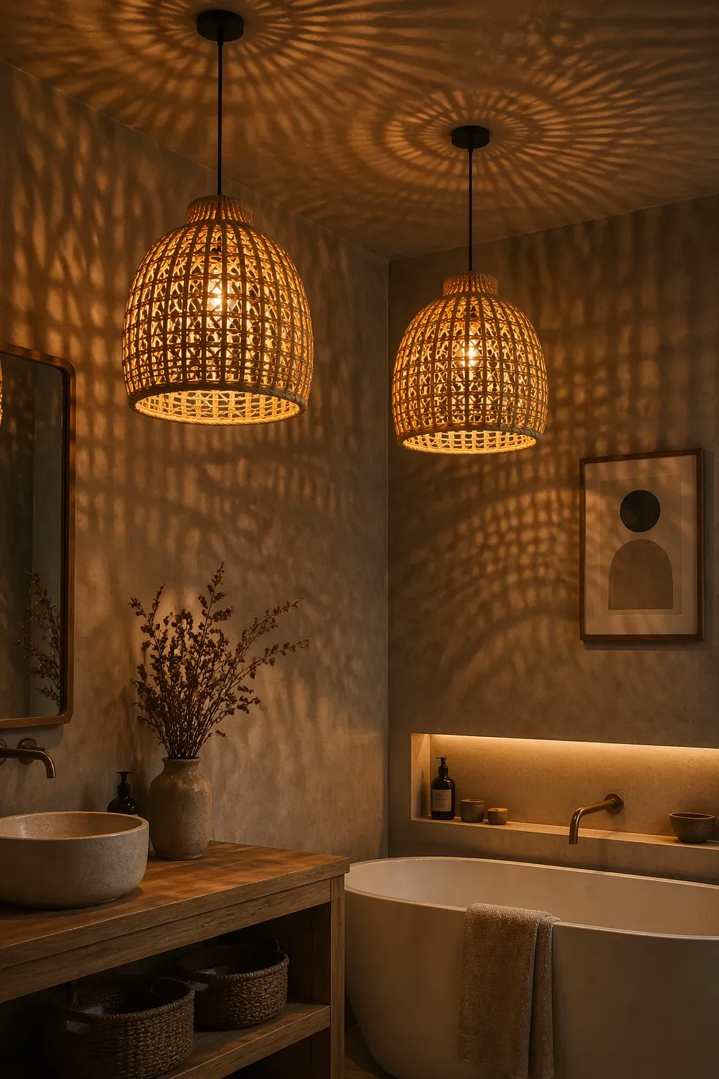 Woven rattan pendant lights casting warm shadows in a boho bathroom.