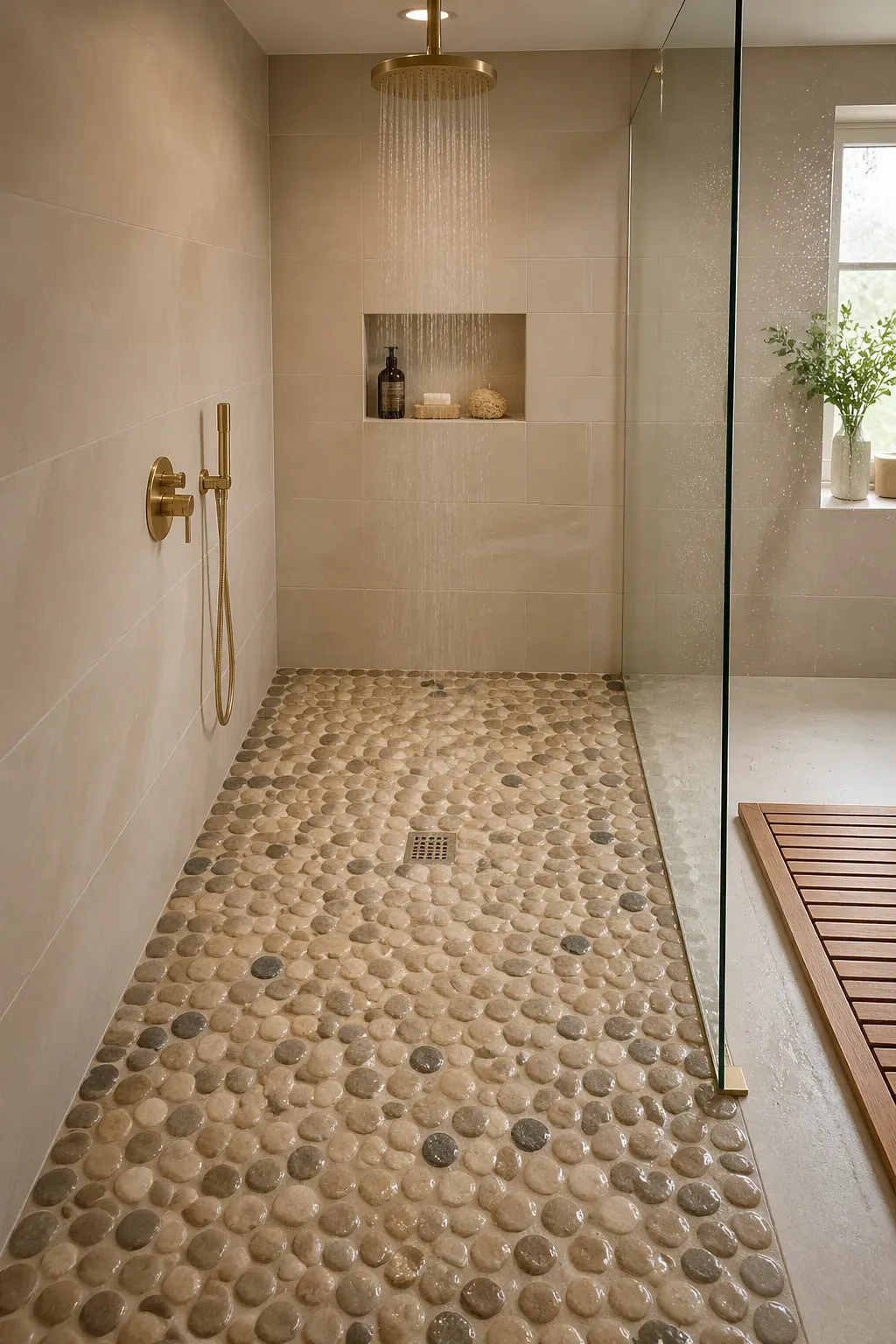 A walk-in shower with natural river stone pebble flooring and glass walls.