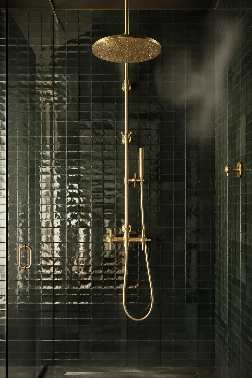A brushed gold rainfall shower head with exposed piping against green tiles.