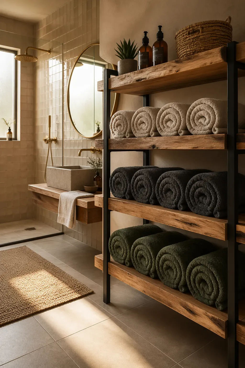 Open timber shelves in a bathroom holding rolled linen towels in earthy neutral tones.