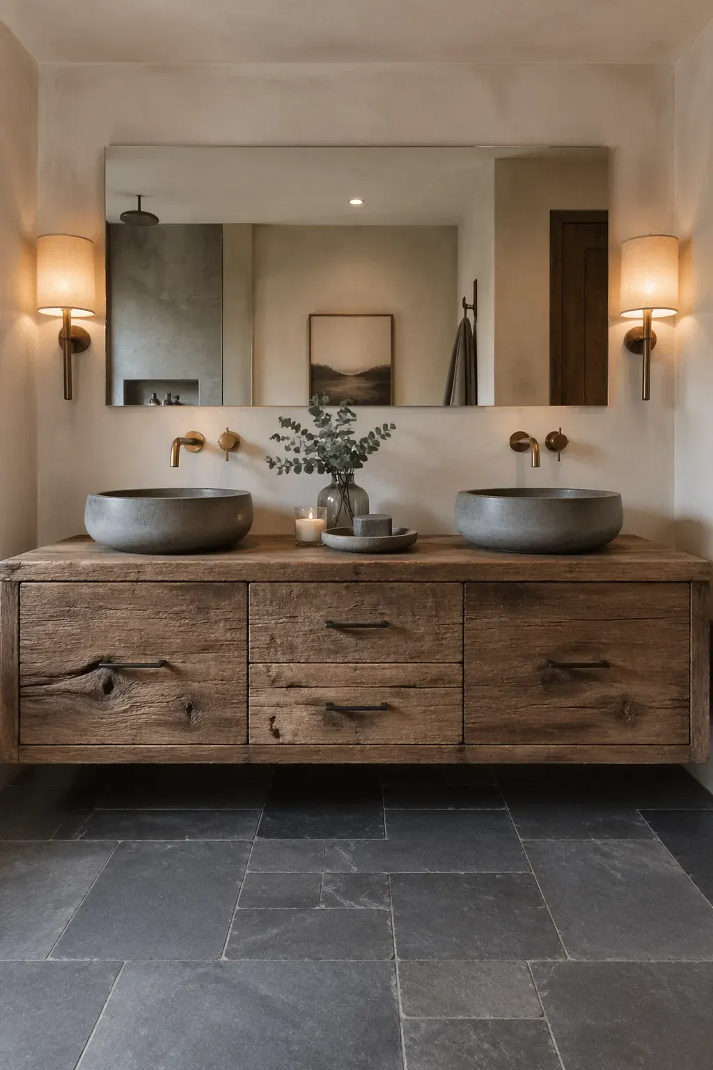 Two gray concrete vessel sinks sitting on a rustic distressed wood vanity in a modern bathroom.