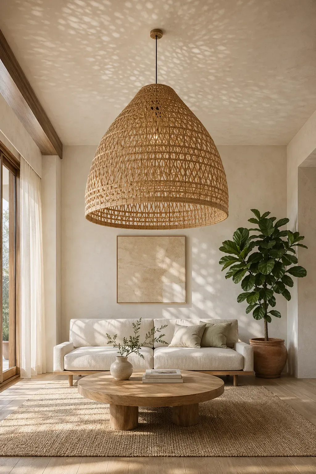 A large woven bamboo pendant light hanging in a bright, modern living room with a cream sofa.