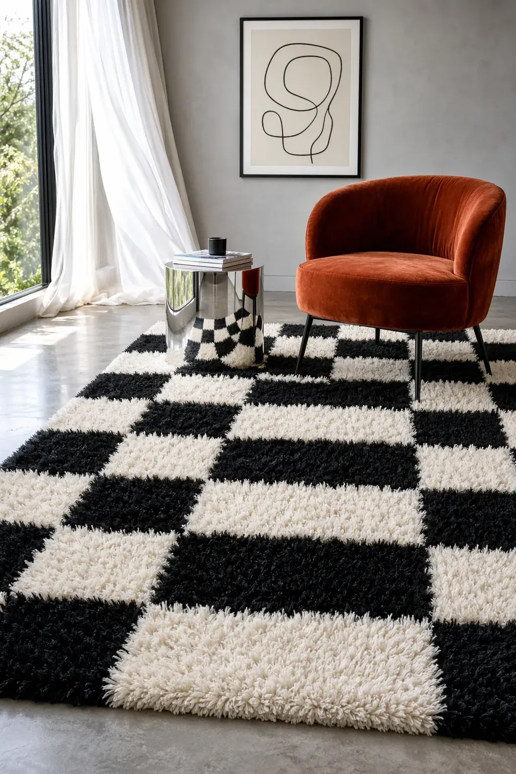 A plush black and white checkerboard shag rug in a modern living room with a rust velvet chair.