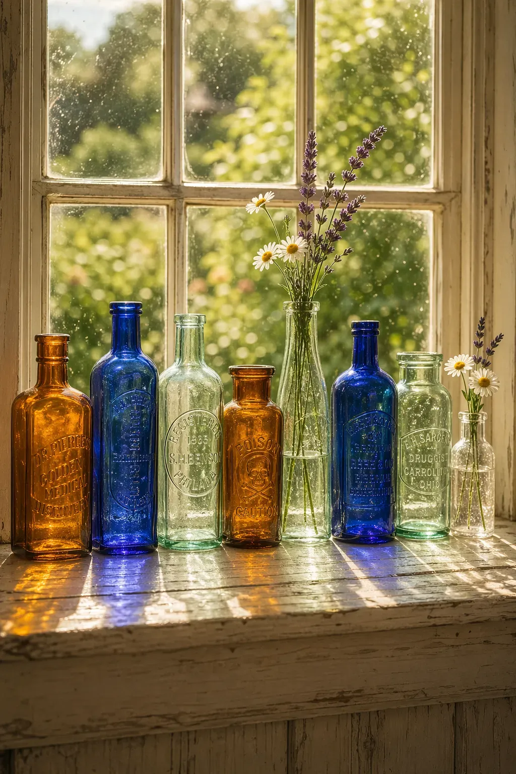 Colorful vintage glass bottles in amber and blue glowing on a sunlit white windowsill.