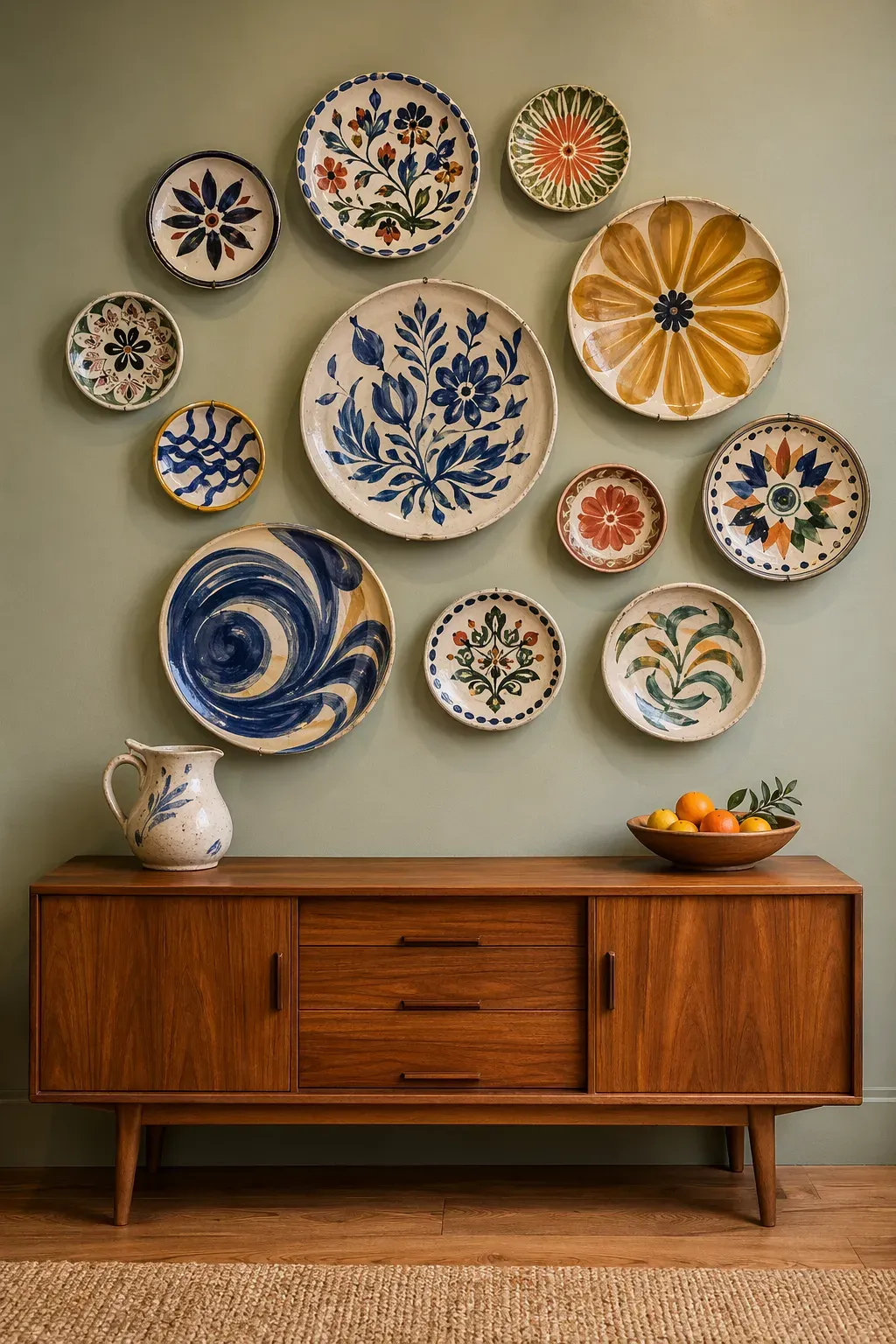A creative wall display of mismatched hand-painted ceramic plates above a wooden sideboard.