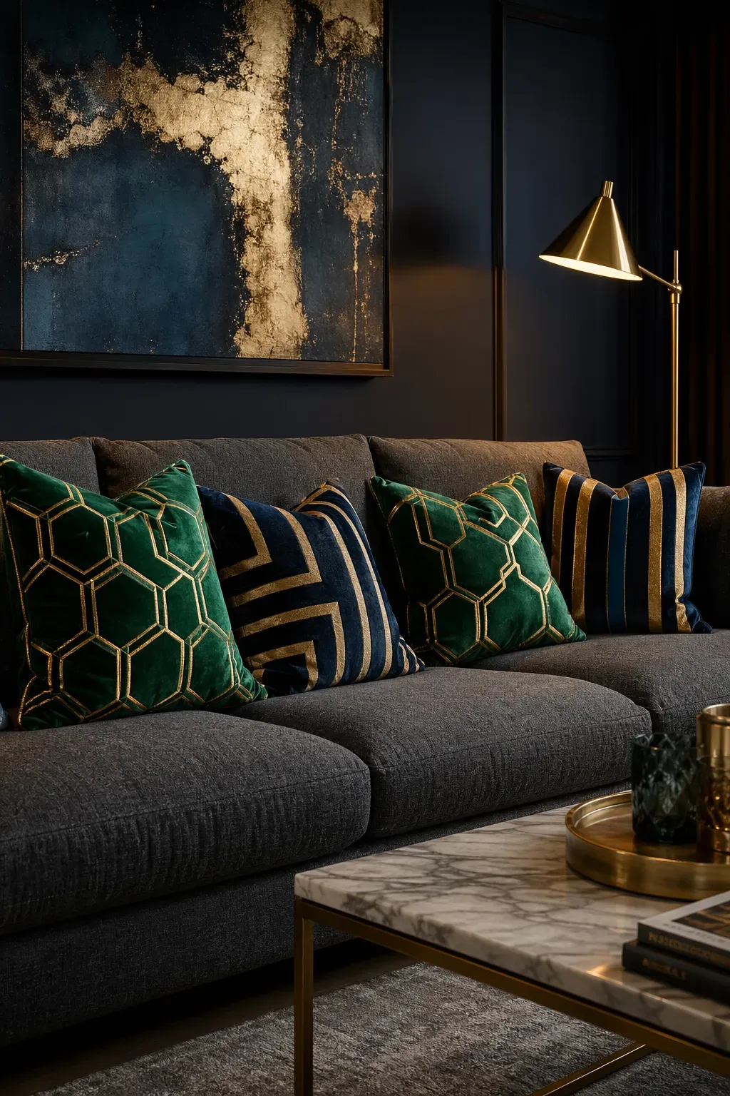 Vibrant emerald and gold geometric velvet pillows arranged on a modern charcoal grey sofa.