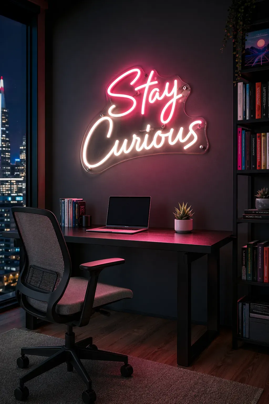 A pink neon sign saying 'Stay Curious' glowing on a dark wall above a modern black desk.