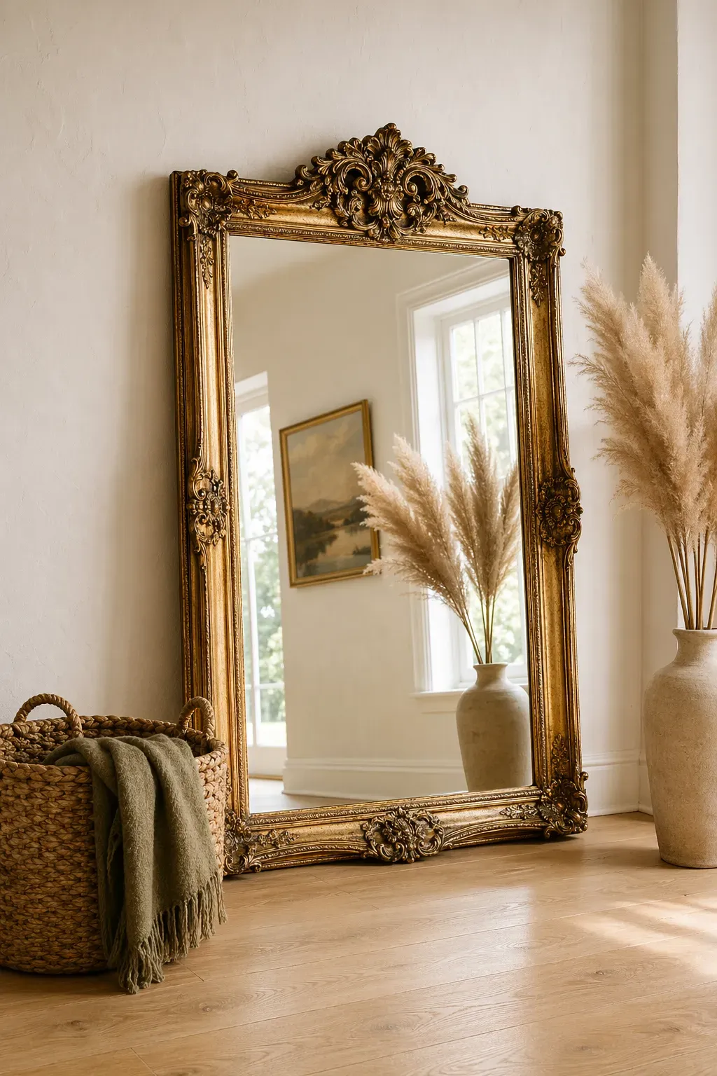 A large ornate gold antique mirror leaning against a white wall in a bright, airy room.