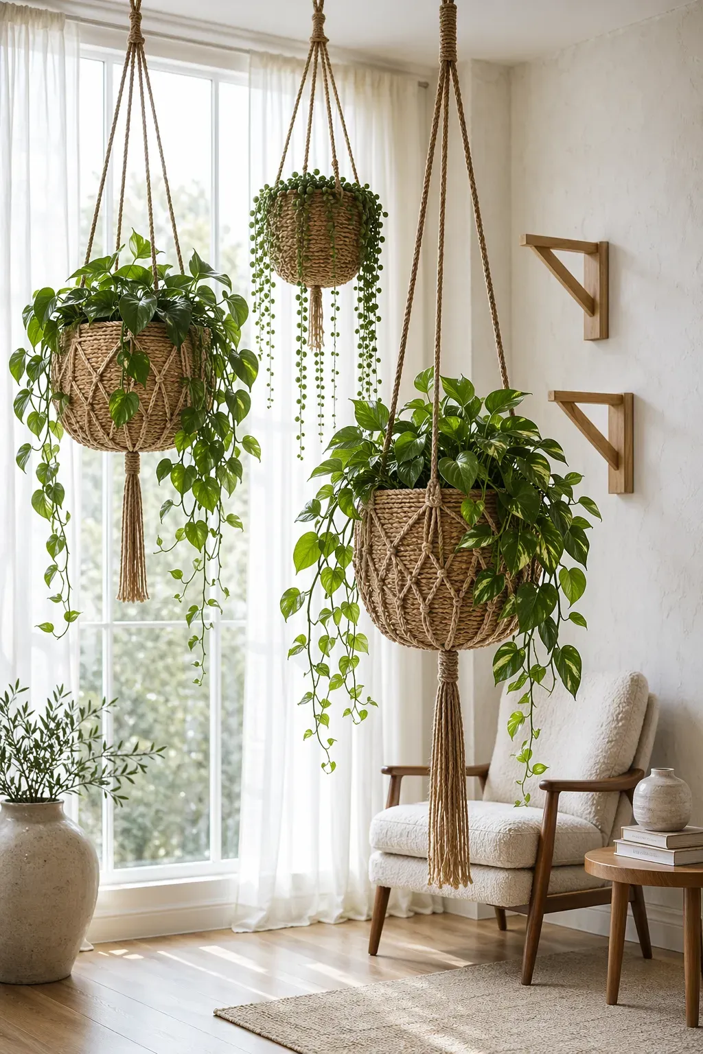 Lush trailing plants in woven jute hanging planters suspended in a bright, sunlit living room.