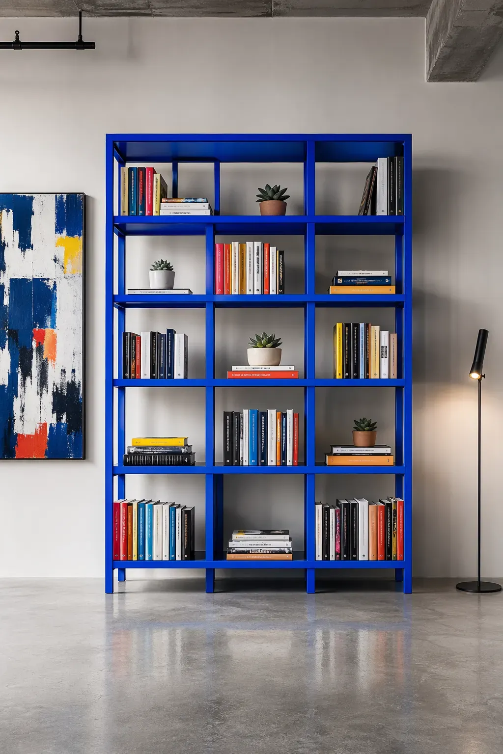 A sleek, electric blue metal bookshelf filled with books and plants in a modern loft.
