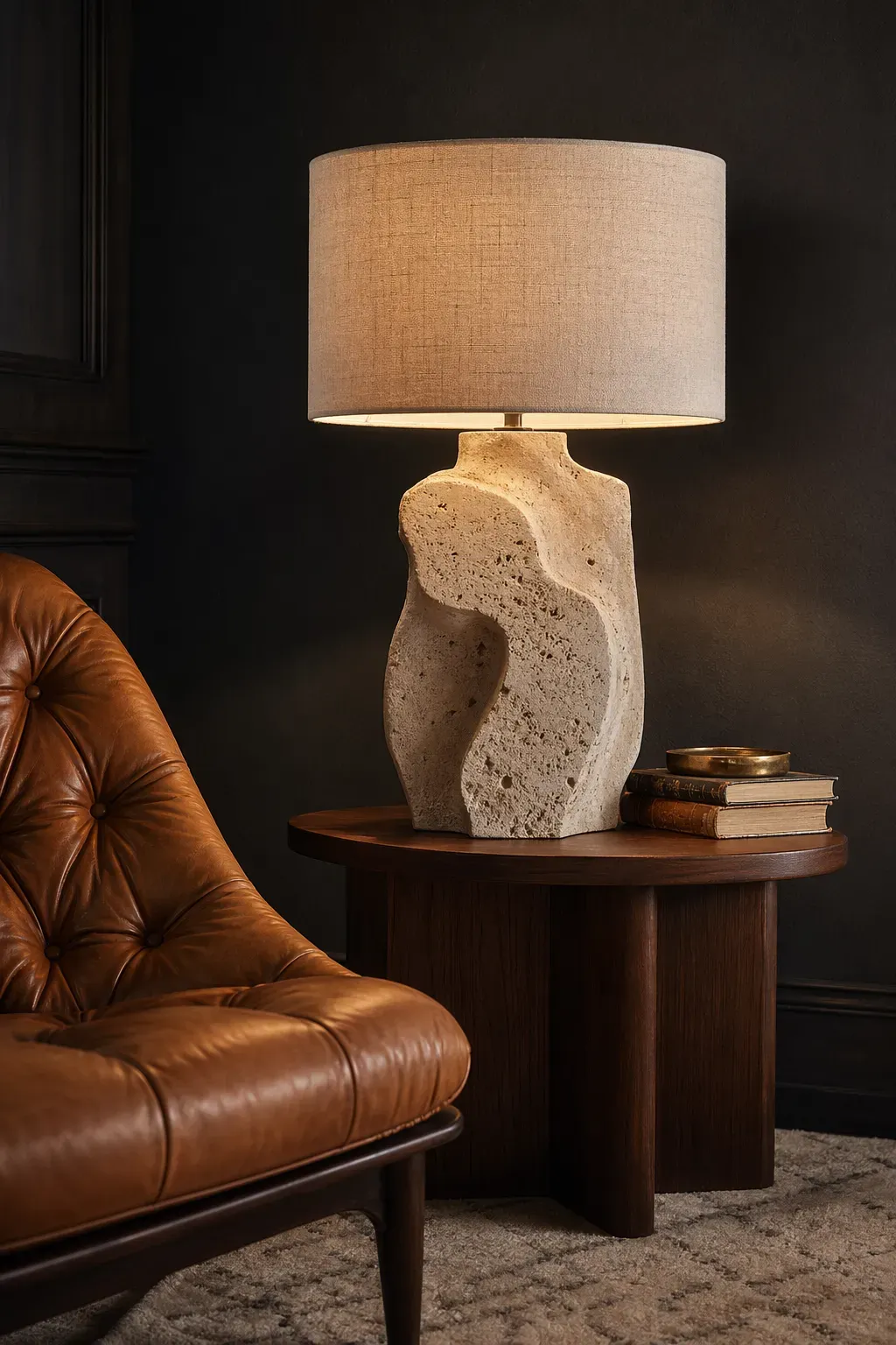 A sculptural lamp with a rough stone base and linen shade on a walnut table in a moody room.