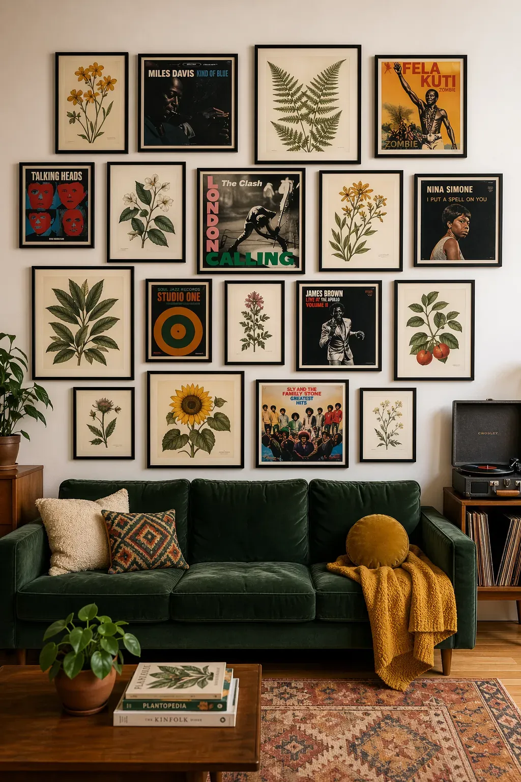 An eclectic gallery wall featuring framed botanical art and vinyl records above a green sofa.