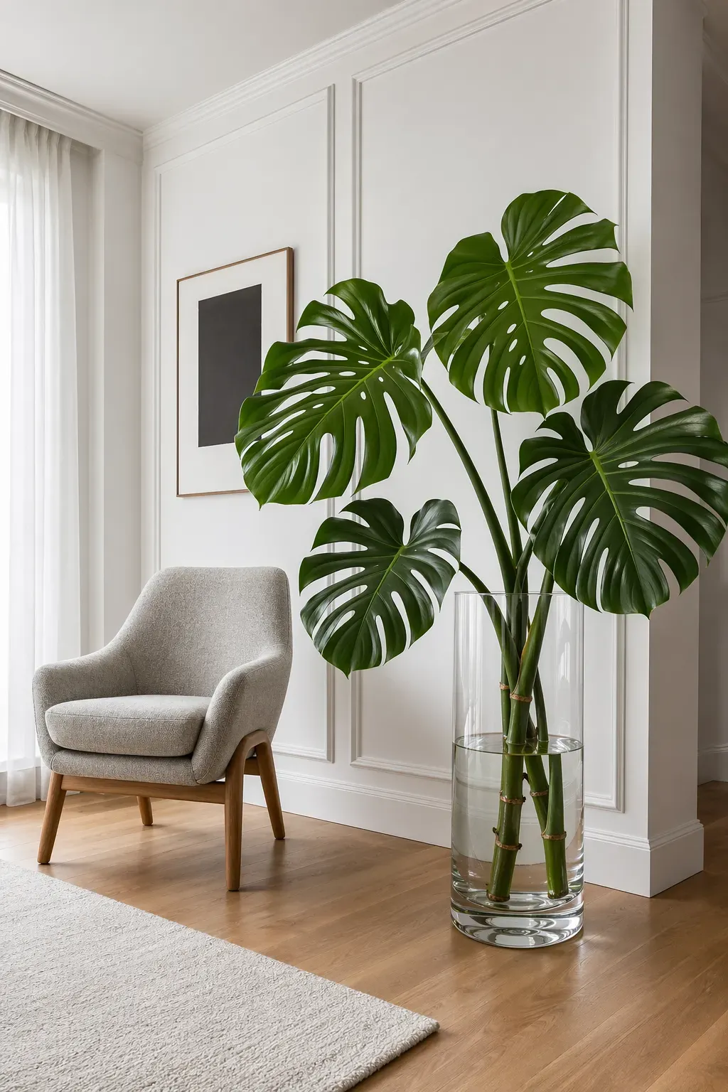 A large Monstera leaf cutting in a tall glass floor vase in a bright modern living room.