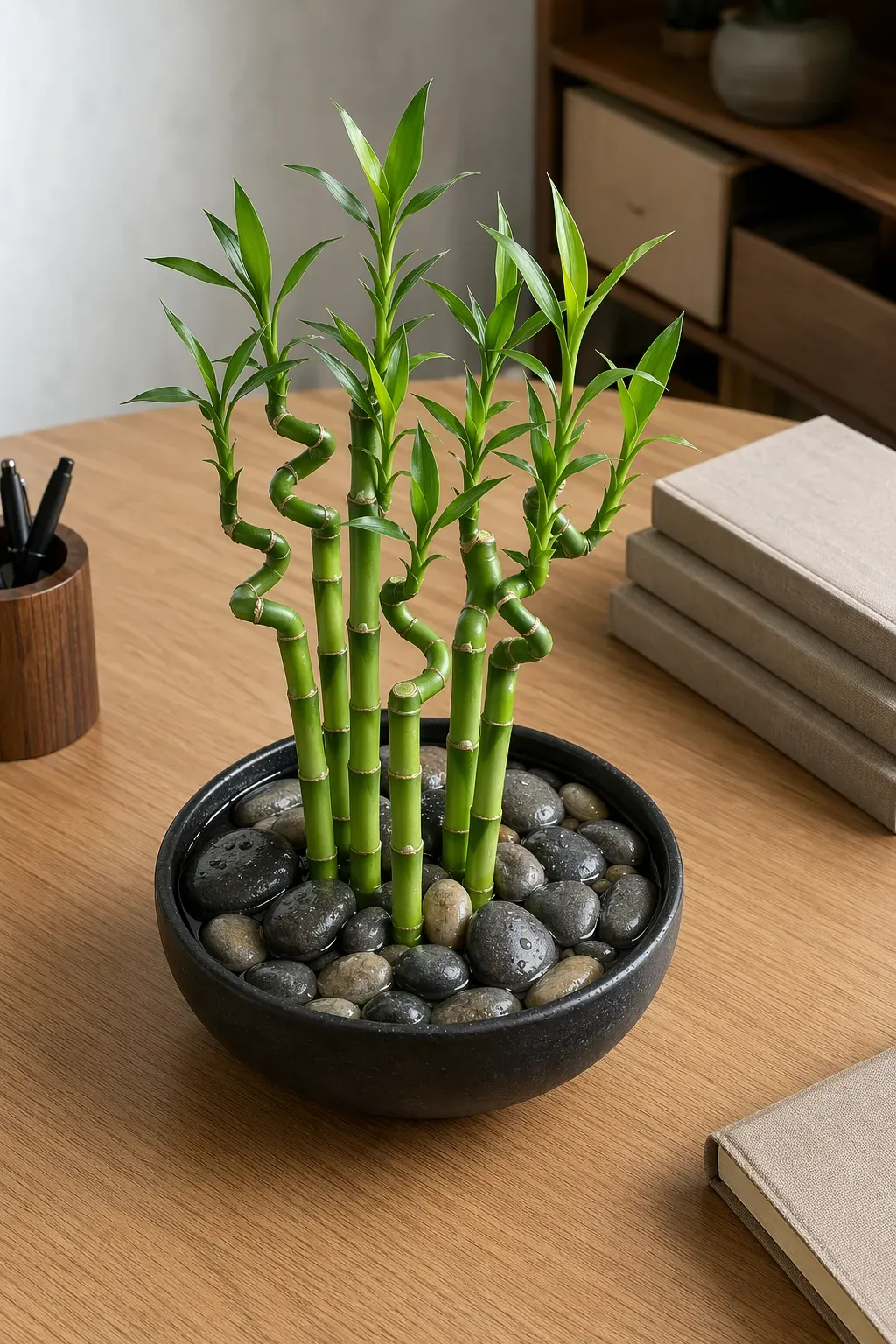 Lucky bamboo stems growing in a black ceramic bowl filled with river stones on a desk.