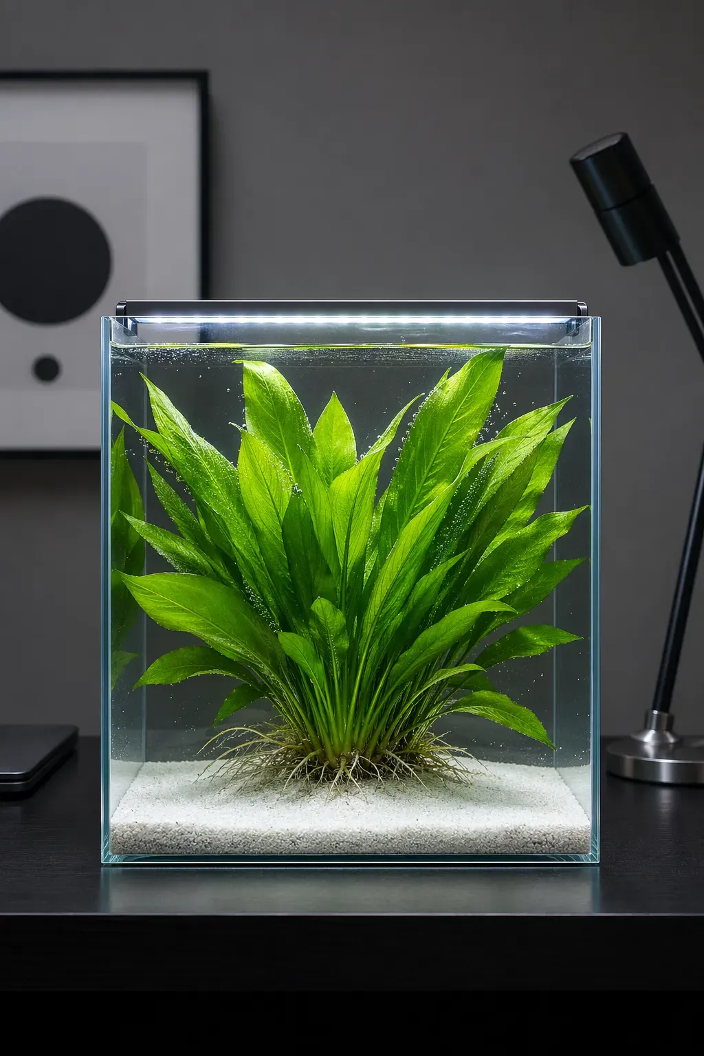 An Amazon Sword plant growing in a clear glass nano tank with white sand on a modern desk.