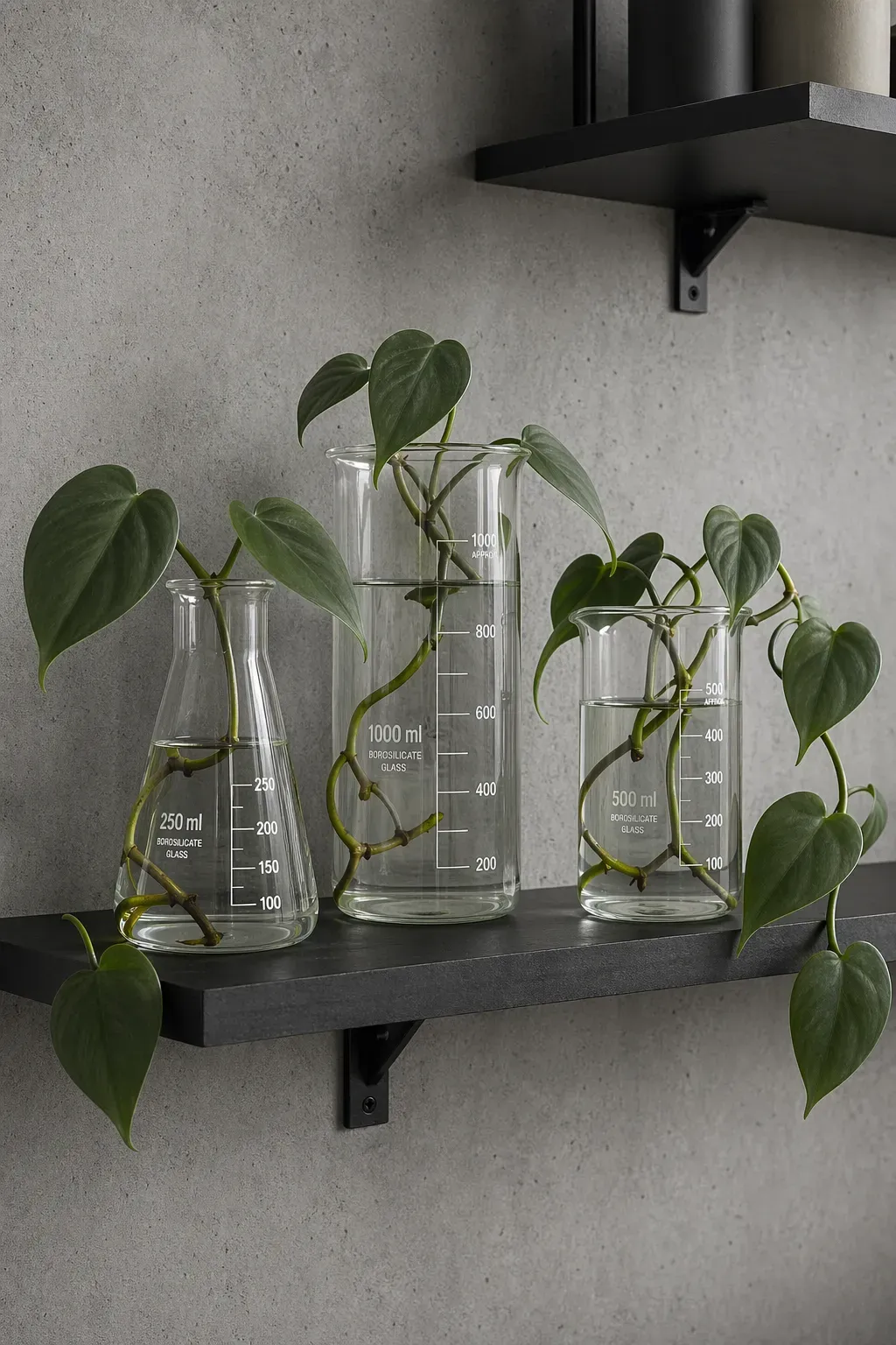 Heartleaf Philodendron cuttings in glass lab beakers on a minimalist black shelf.